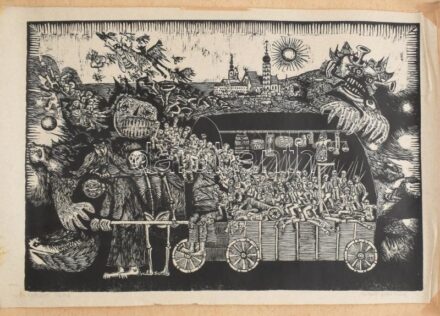 Molnár Gabriella (1940-) Kurázsi mama. Fametszet, papír. Jelzett, kartonra kasírozva, felcsavarva, 35x50 cm