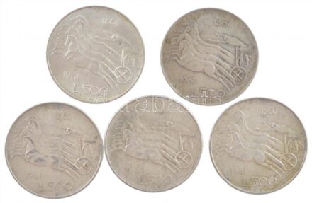 Olaszország 1961. 500L Ag 'Olasz egység századfordulója' (5x) T:2,2- Italy 1961. 500 Lire Ag 'Italian Unification Centennial' (5x) C:XF,VF Krause KM#99