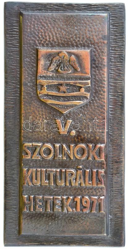 1971. 'V. Szolnoki Kulturális Hetek 1971' ezüstözött fém plakett, eredeti dísztokban (132x60mm) T:1-