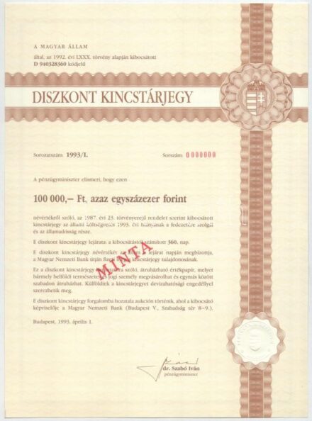 Budapest 1993. 'Diszkont Kincstárjegy' 100.000Ft névértékű kincstárjegy szárazpecséttel, 'MINTA' felülbélyegzéssel és '0000000'-ás sorszámmal T:I