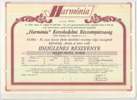 Budapest 1990. ' 'Harmónia' Kereskedelmi Részvénytársaság' ideiglenes részvénye 10.000Ft-ról szelvényekkel, lyukasztással érvénytelenítve + Budapest 1991. 'Mélyépítő RT. ' névre szóló részvénye 100.000Ft-ról, szelvényekkel,