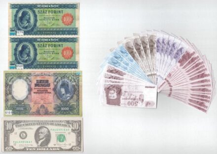 2006. '60 éves a Forint' sorszámozott emlékív az 1946-os 100 Forintos mintájával (2x) + 2007. '80 éves a Pengő' sorszámozott emlékív az 1926-os 1000 Pengős mintájával + 76db játékpénz + Amerikai Egyesült Államok DN 10$ jelzett
