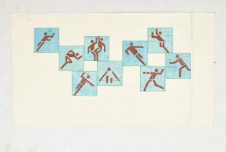 Rácz András (1926-2013): Sport (cím nélkül). Tempera, kollázs, papír, kartonra kasírozva, jelzés nélkül. Proveniencia: A művész hagyatéka. 22×39,5 cm
