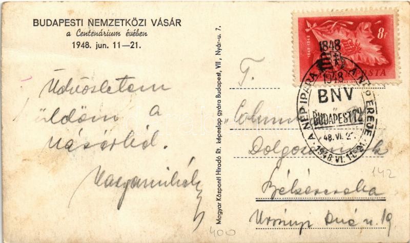 1948 Budapest, Budapesti Nemzetközi Vásár a Centenárium évében. Goldberger textilipari pavilon, Csepeli Üveggyár + '1948 BNV. A nép ipara, a nép ereje' So. Stpl. (fa) - Image 2
