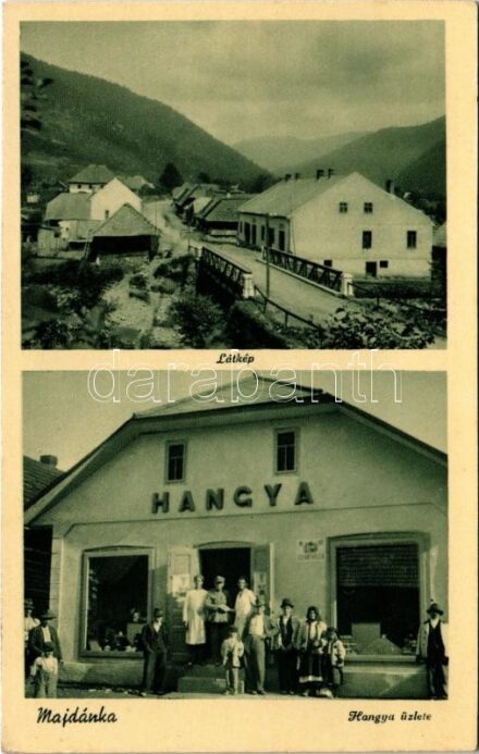 Majdánka, Majdan; látkép, híd, Kárpátaljai Hangya szövetkezet üzlete és saját kiadása / general view, bridge, cooperative shop (EK)