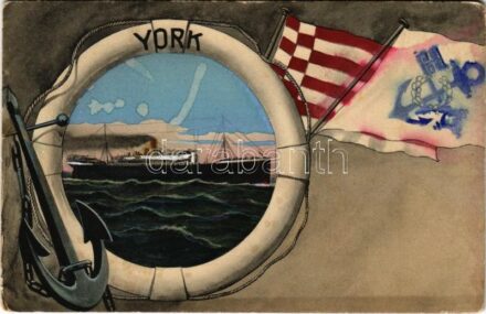 Norddeutscher Lloyd ocean liner between Bremen and New York. Montage with steamship, anchor and porthole (EK)