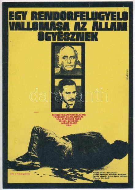 1972 Kemény György (1936- ): Egy rendőrfelügyelő vallomása az államügyésznek, villamosplakát, 23,5x16,5 cm