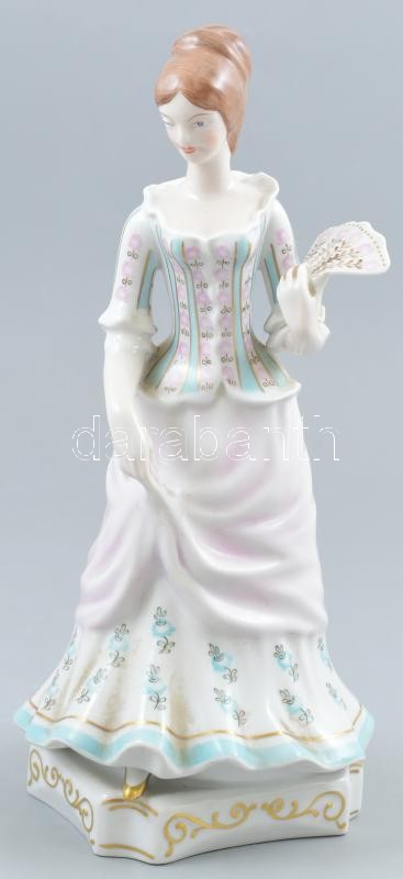 Hollóházi hölgy legyezővel, kézzel festett, jelzett, hibátlan, m: 26 cm