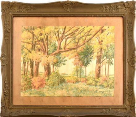 Szabó József (?-?): Őszi lombok, 1948. Akvarell, papír, jelzett. Üvegezett, dekoratív, kissé sérült fakeretben. 32,5×50,5 cm.