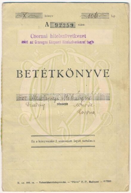 ~1942-1944. 'Csornai Hitelszövetkezet' takarékbetétkönyve, bejegyzésekkel