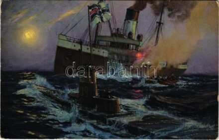 1916 SM 'U 9' versenkt an der Küste von England engl. Handelsschiffe. Deutschlands Flotte im Weltkrieg. Photochromie Kriegs-Serie 4. Nr. 7534. / WWI German Navy (Kaiserliche Marine) art postcard, submarine s: Alex Kircher + 'K.u.K.