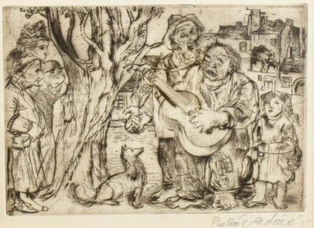 Szabó Vladimir (1905-1991): Zenélő társaság. Rézkarc, papír, jelzett. Üvegezett fakeretben. 13,5×18,5 cm