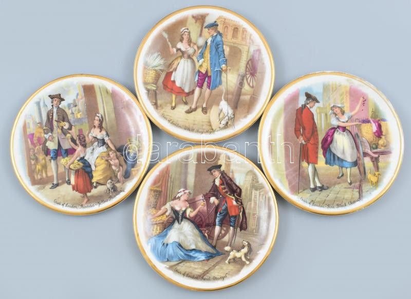 Angol jelenetes porcelán tányér, jelzett, kopásnyomokkal, 4db, d: 12 cm