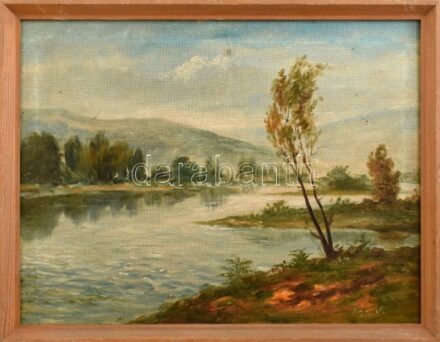 Olvashatatlan jelzéssel: Vízparti táj (Dunakanyar?). Olaj, vászon. Fakeretben, 30×40 cm