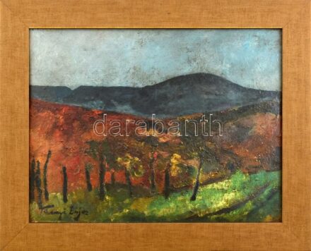 Tihanyi Lajos jelzéssel: Táj. Olaj, karton. Dekoratív fakeretben, 27×35 cm