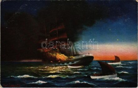 1918 Brennendes Schiff / WWI German Navy (Kaiserliche Marine) art postcard, burning ship. T.S.N. Serie 1418. + 'ZENSURIERT SMS BELLONA' (EK)