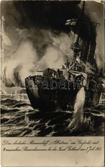 1916 Das deutsche Minenschiff 'Albatross' im Gefecht mit 4 russischen Panzerkreuzern bei der Insel Gotland am 2. Juli 1915. / WWI German Navy (Kaiserliche Marine) art postcard, minelaying cruiser in battle with 4 Russian armored cruisers near