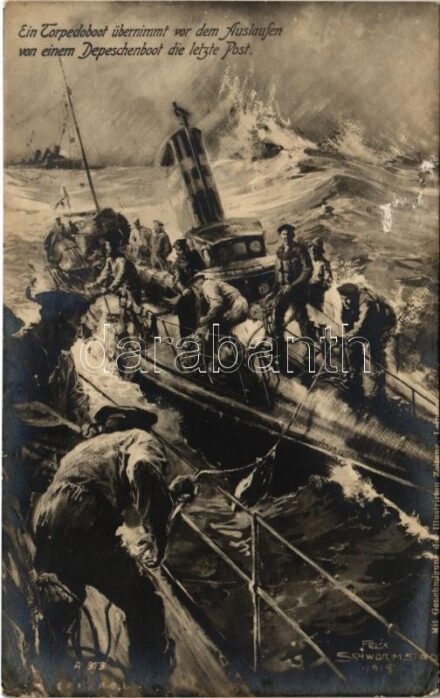 1916 Ein Torpedoboot übernimmt vor dem Auslaufen von einem Depeschenboot die letzte Post / WWI German Navy (Kaiserliche Marine) art postcard, torpedo boat s: Felix Schwormstadt + 'K.U.K. KRIEGSMARINE SM SCHIFF TEGETTHOFF' (EK)