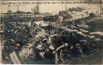 1915 Angriff des oesterr.-ung. Zerstörers 'Scharfschütze' auf den Kanal von Porto Corsini am 24. Mai 1915. / SMS Scharfschütze az Osztrák-Magyar Haditengerészet Huszár-osztályú rombolója Porto Corsininél / WWI Austro-Hungarian Navy,