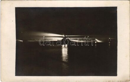 1916 Az Osztrák-Magyar Haditengerészet csatahajója fényszóróval este / WWI Austro-Hungarian Navy, K.u.K. Kriegsmarine, battleship with spotlight at night. photo + 'K.U.K. KRIEGSMARINE SMS ÁRPÁD' (EK)
