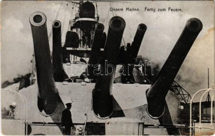 1917 Unsere Marine. Fertig zum Feuern / WWI Austro-Hungarian Navy, K.u.K. Kriegsmarine battleship ready to fire. C. Fano, Pola 1916-1917. + 'K.U.K. KRIEGSMARINE SMS ZRÍNYI' (kopott sarkak / worn corners)