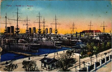 1915 Pola, K.u.K. Kriegsmarine Schiffe in Reserve / Navi in Riserva / Osztrák-Magyar Haditengerészet csatahajói Polában a tartalék kikötőben / WWI Austro-Hungarian Navy battleships in the reserve dock near the Pula shipyard. G.C. Pola 1915.