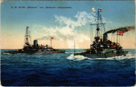 1915 SMS Budapest és SMS Monarch az Osztrák-Magyar Haditengerészet Monarch-osztályú partvédő csatahajók / K.u.K. Kriegsmarine SM Schiffe 'Monarch' und 'Budapest' manövrierend / WWI Austro-Hungarian Navy, Monarch-class coastal defense