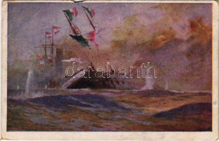 1918 Die Seeschlacht bei Lissa. Rammung des 'Ré d'Italia' Offizielle Postkarte des Österreichischen Flottenvereines zu Gunsten des Kriegsfürsorgeamtes, des Kriegshilfsbüros und des Roten Kreuzes Nr. F. 107. / WWI Austro-Hungarian Navy art