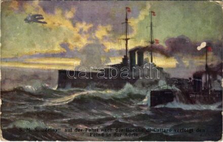 1915 SMS Zrínyi und Torpedoboot Cobra auf der Fahrt nach der Bocche di Cattaro verfolgt den Feind in der Adria. K.u.K. Kriegsmarine. Offizielle Postkarte des Österreichischen Flottenvereines zu Gunsten der Kriegsfürsorge. Postkartenverlag