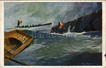 1916 Rettung der Bemannung des ital. Panzerkreuzers 'Amalfi'. K.u.K. Kriegsmarine / WWI Austro-Hungarian Navy, Italian Armored cruiser. Offizielle Karte für Rotes Kreuz, Kriegsfürsorgeamt, Kriegshilfsbureau. Österreichischen Flottenverein s: