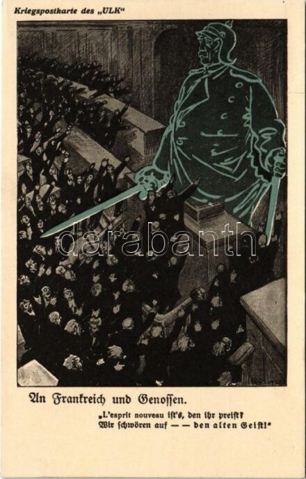 An Frankreich und Genossen. Kriegspostkarte des 'ULK' (Berliner Tageblatt) Nr. 25/101. / WWI German military propaganda, humour s: Kuntze