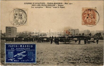 1911 Course d'Aviation - Paris-Madrid Mai 1911. Issy-les-Moulineaux - Départ. Les monoplans 'Blériot' avant le départ / Aviation Race Paris-Madrid. Blériot monoplanes before departure. TCV card (kis szakadás / small tear)