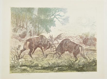 Tuka László (1924-2007): Őszi párbaj. Színes rézkarc, papír, jelzett, lap szélén törésnyomokkal, 32,5×42 cm