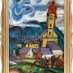 Jándi jelzéssel: Városrészlet (nagybányai református templomot?). Olaj, farost. Dekoratív, sérült fakeretben. 70x50 cm
