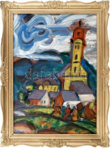 Jándi jelzéssel: Városrészlet (nagybányai református templomot?). Olaj, farost. Dekoratív, sérült fakeretben. 70x50 cm