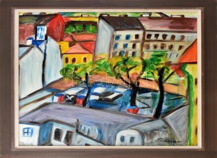 Schönberger jelzéssel: Városrészlet. Olaj, farost. Dekoratív fakeretben. 70x60 cm