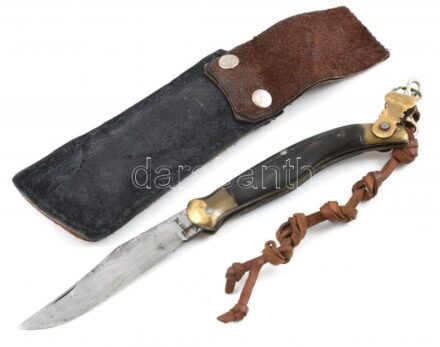 Válik bicska, zsebkés, jelzett, réz és szaru nyéllel, bőr tokkal, akasztóval, h: 24 cm