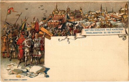 Mátyás királlyá való kikiáltása. Ezredéves Országos Kiállítás / Proclamation du roi Mathias I / coronation of Matthias Corvinus, King of Hungary. Hungarian Millennium Exhibition. barna 2kr Ga. litho