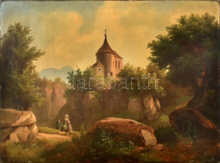 Jelzés nélkül, osztrák festő, XIX. sz. vége: Szerelmesek romantikus tájban. Olaj, vászon, javított. Apró felületi sérüléssel. 47x63 cm