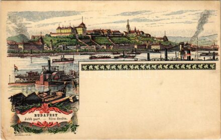 Budapest, Ezredéves Országos Kiállítás, Jobb part, Királyi vár, Lánchíd, gőzhajók s: Morelli, Dörre T. (Rb)