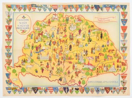 cca 1930 Emlékezzünk Nagy-Magyarországról. A Pesti Hírlap ajándéka. Bp., Légrády Testvérek (Coloroffset-ny.), grafikus térkép, hátoldalán területi és népességi statisztikával. Hajtva, jó állapotban, 52,5x38,5 cm