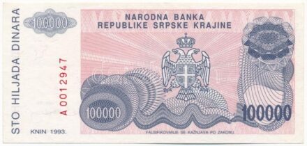 Horvátország / Krajnai Szerb Köztársaság 1993. 100.000D 'A 001 2947' T:III szép papír Croatia / Republic of Serbian Krajina 1993. 100.000 Dinara 'A 001 2947' C:F nice paper Krause P#R22a