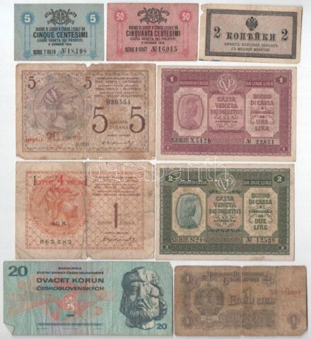 9db vegyes külföldi bankjegy, közte Olaszország / Velence / Osztrák-magyar megszállás 1918. 1L+ 2L + Szerb-Horvát-Szlovén Királyság 1919. 1D + 5D T:II-III- 9pcs of mixed banknotes from diff countries, with Venice / Austro-Hungarian