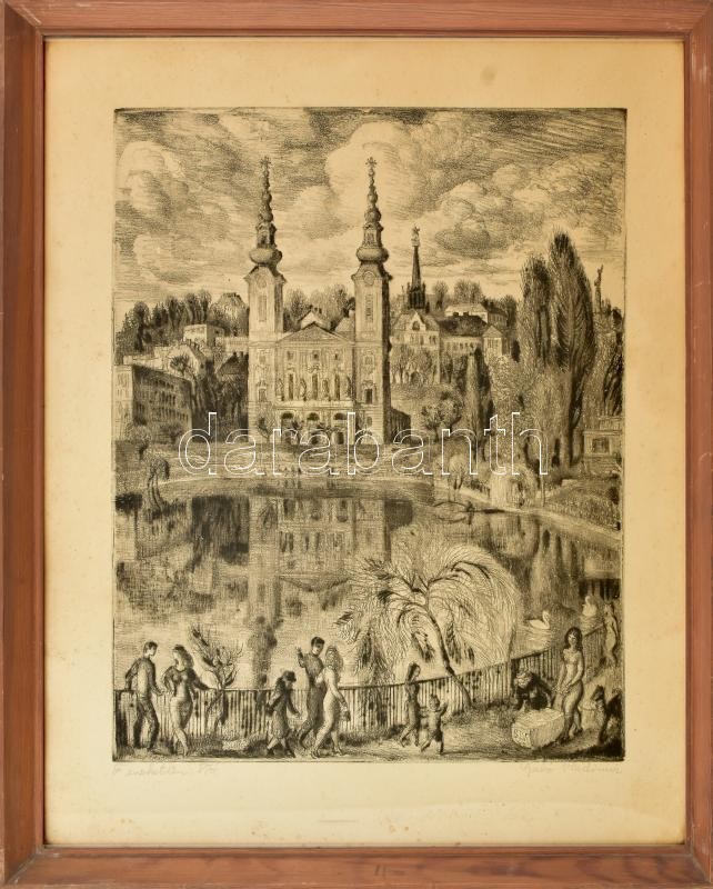 Szabó Vladimir (1905-1991): Feneketlen tó. Rézkarc, papír, jelzett. lapszéli apró foltokkal. Üvegezett fakeretben. 39×31 cm