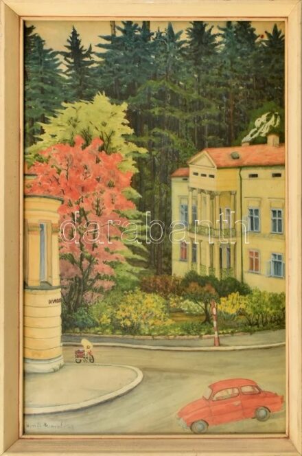Móricz Margit (1902-1990): Kisváros. Akvarell, papír, jelzett. Üvegezett fakeretben.50×32,5 cm