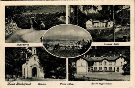 Bankó-fürdő, Bankófüred, Bankov (Kassa, Kosice); Lujza-forrás, Fenyves, Bankói nagyszálloda, Kápolna / spring source, forest, hotel, chapel