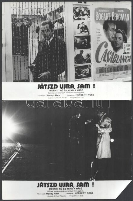 1972 ,,Játszd újra Sam' című amerikai film jelenetei és szereplői (köztük Woody Allen), 7 db vintage produkciós filmfotó, ezüst zselatinos fotópapíron, kisebb - a használatból eredő - hibákkal, az egyik kép sarka (a