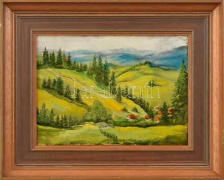 Nagy jelzéssel: Hegyvidéki táj (Erdély?). Olaj, karton. Dekoratív, kissé sérült fakeretben. 18x25 cm