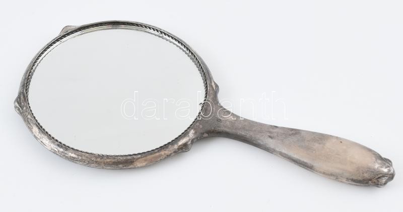 Ezüst(Ag) rózsás kézi tükör, jelzett, horpadással, h: 25,5 cm, bruttó: 194,6 g