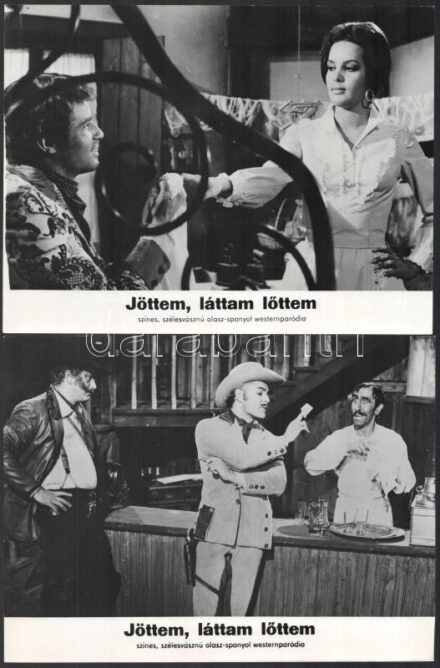 1968 ,,Jöttem, láttam, lőttem' című olasz - spanyol westernparódia jelenetei és szereplői, 13 db vintage produkciós filmfotó, ezüst zselatinos fotópapíron, kisebb - a használatból eredő - hibákkal,18x24 cm
